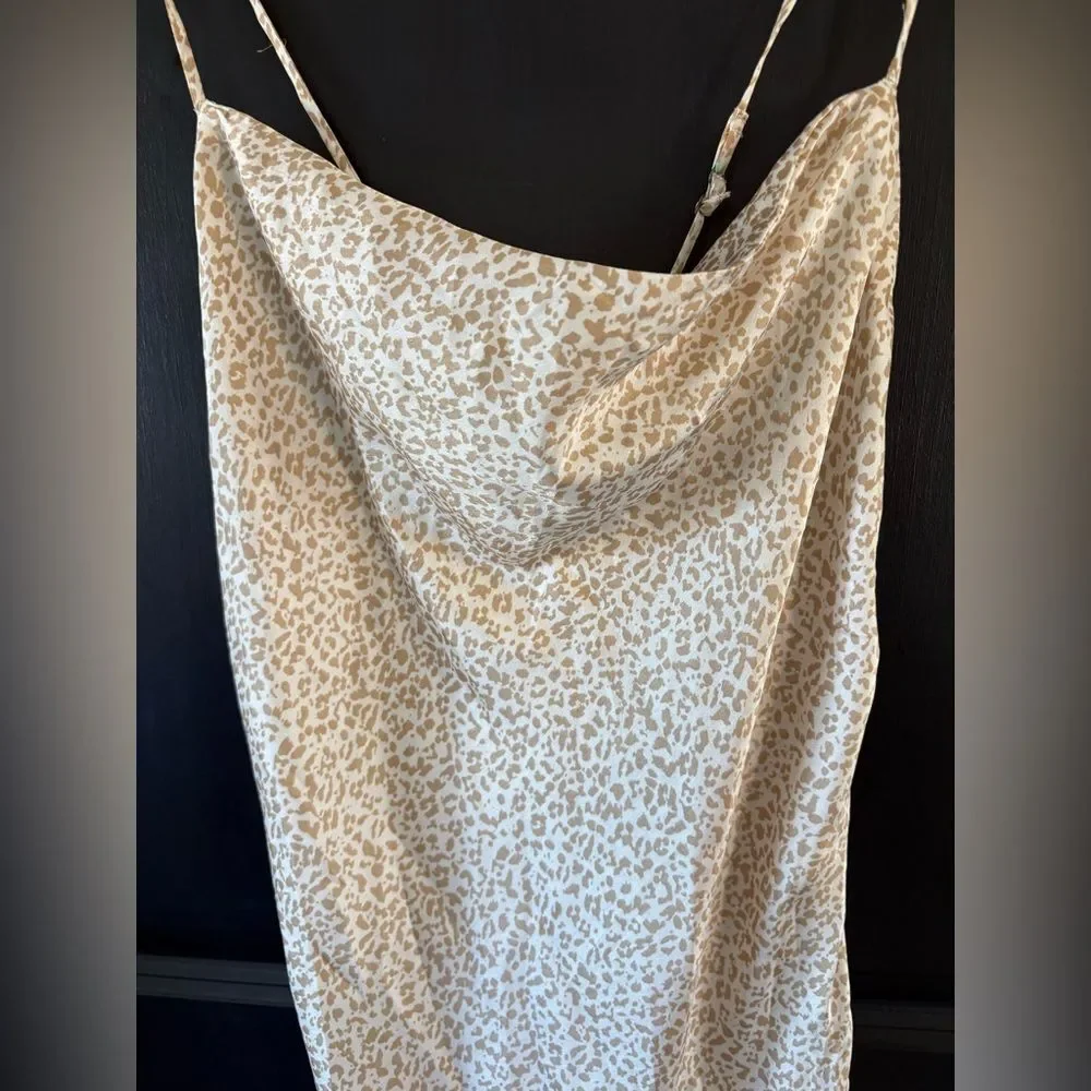 Abercrombie Midi Satin Slip Dress White Khaki Animal Print Medium